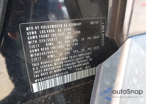 2014 Volkswagen Tiguan Se из США, поврежденный, VIN WVGAV3AX2EW625339